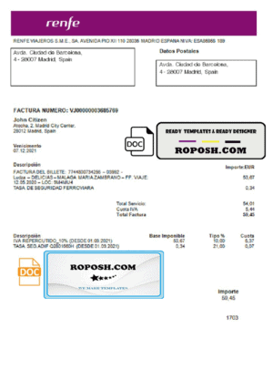 Spain Renfe utility bill template in Word and PDF format