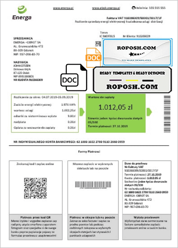 Poland Energa utility bill template in Word and PDF format
