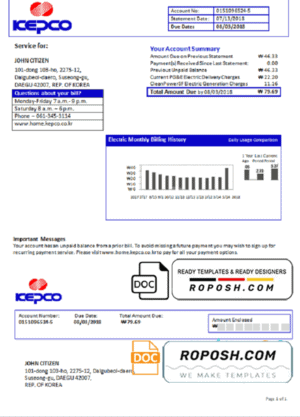 South Korea Electric Power Corporation electricity utility bill template in Word and PDF format