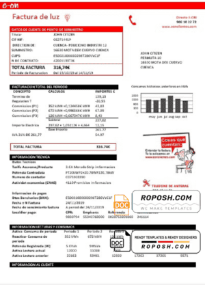 Spain E.ON electricity utility bill template in Word and PDF format