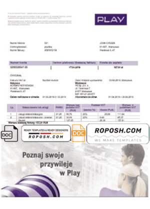 Poland Play utility bill template in Word and PDF format, fully editable