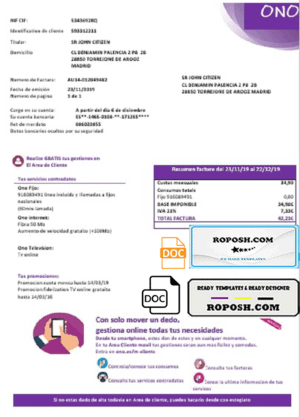 Spain ONO easy fillable utility bill template in Word and PDF format (.doc and .pdf)