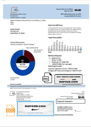 USA AEP Texas electricity utility bill template in Word and PDF format
