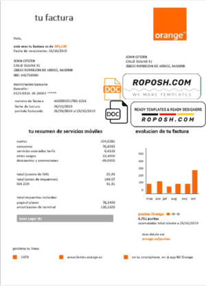 Spain Orange easy fillable utility bill template in Word and PDF format