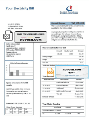 Tunisia electricity proof of address utility bill template in Word and PDF format
