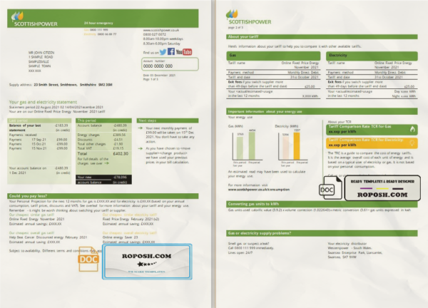 USA ScottishPower utility bill template in Word and PDF format (3 pages) scan effect
