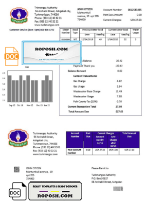 Turkmenistan Turkmengaz utility bill template in Word and PDF format