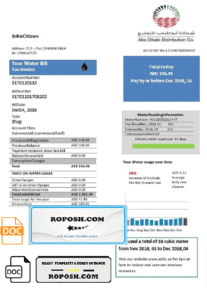 United Arab Emirates Abu Dhabi Distribution water utility bill template in Word and PDF format