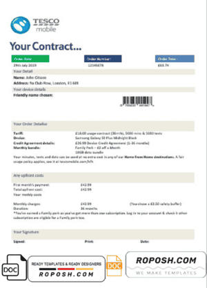 United Kingdom Tesco Mobile utility bill template in Word and PDF format