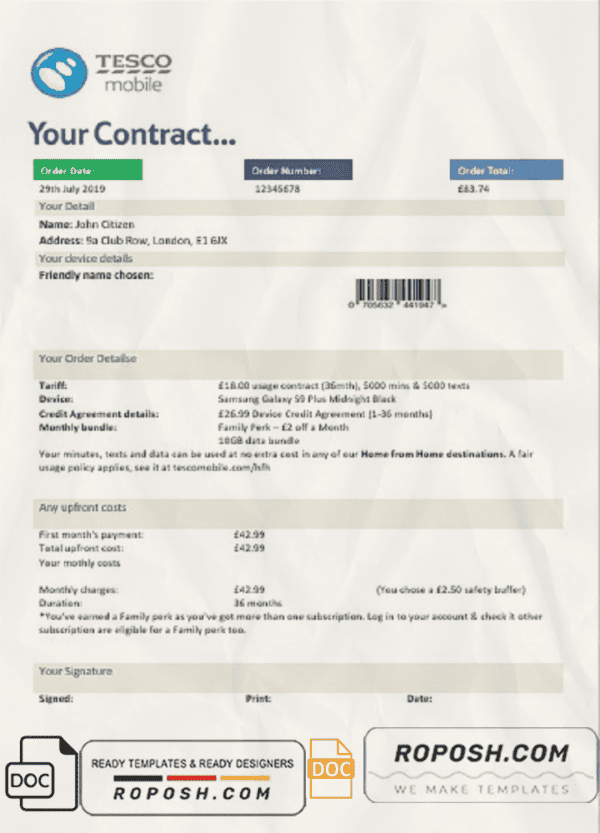 United Kingdom Tesco Mobile utility bill template in Word and PDF format