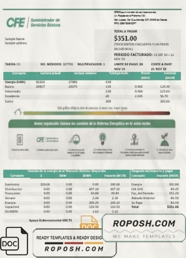 Mexico Electricity CFE utility bill template in Word and PDF format, fully editable