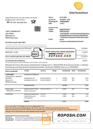 Germany TV Cabel utility bill template in Word and PDF format, fully editable