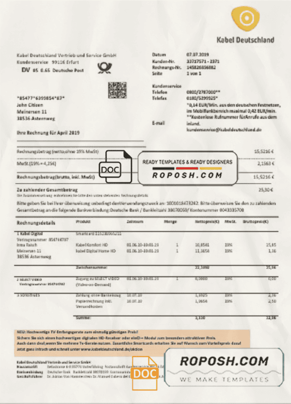 Germany TV Cabel utility bill template in Word and PDF format, fully editable