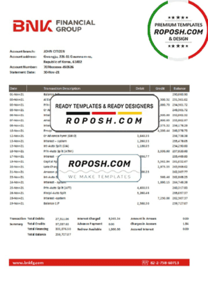 South Korea BNK bank statement template, Word and PDF format (.doc and .pdf)