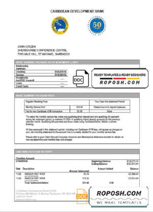 Barbados Caribbean Development Bank statement template in Word and PDF format