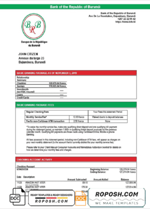 Burundi Bank of the Republic of Burundi proof of address bank statement template in Word and PDF format