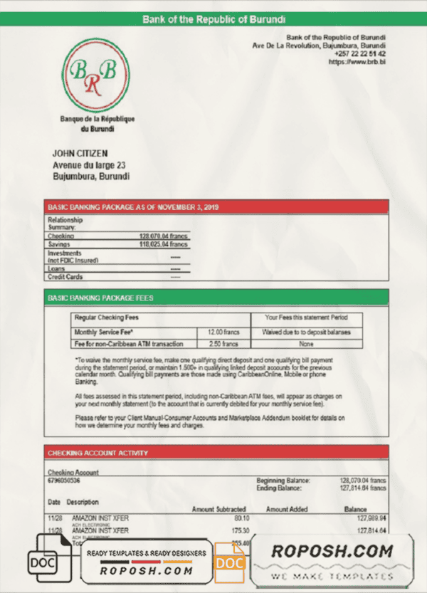 Burundi Bank of the Republic of Burundi proof of address bank statement template in Word and PDF format