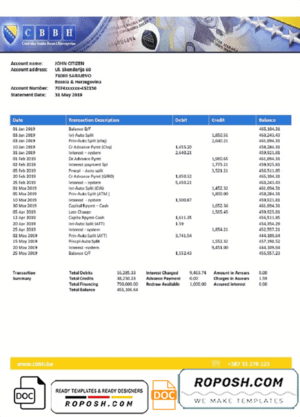 Bosnia and Herzegovina Central Bank statement template, Word and PDF format (.doc .pdf)