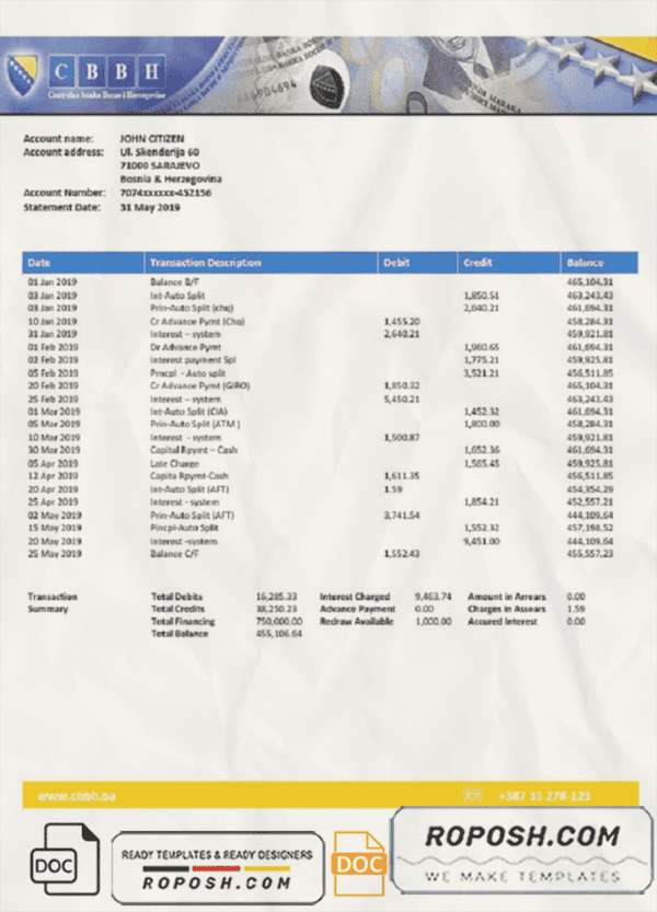 Bosnia and Herzegovina Central Bank statement template, Word and PDF format (.doc .pdf)