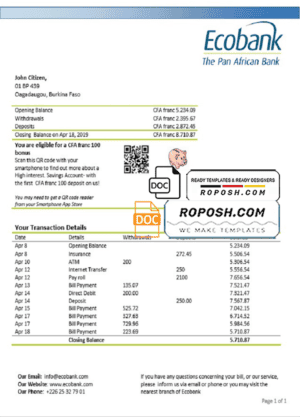 Burkina Faso Ecobank proof of address bank statement template in Word and PDF format (.doc and .pdf)