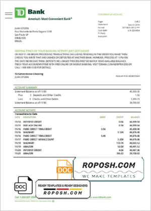 Brazil TD bank proof of address statement template in Word and PDF format (.doc and .pdf)