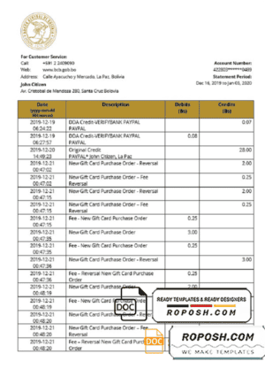 Bolivia Banco Central de Bolivia proof of address bank statement template in Word and PDF format
