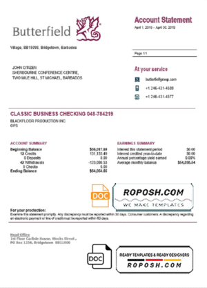 Barbados Butterfield proof of address bank statement template in Word and PDF format