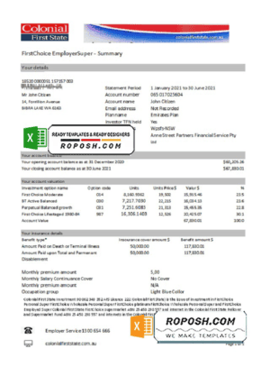 Australia Colonial First State Bank statement template in Excel and PDF format, fully editable