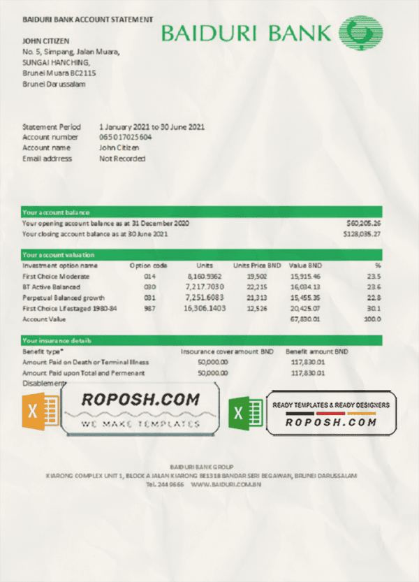 Brunei Baiduri bank statement easy to fill template in Excel and PDF format (AutoSum)