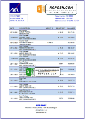 Belgium AXA bank statement easy to fill template in .xls and .pdf file format