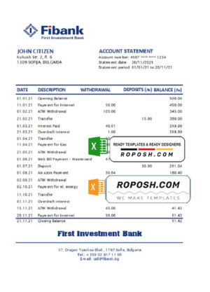 Bulgaria Fibank bank statement easy to fill template in Excel and PDF format (AutoSum)