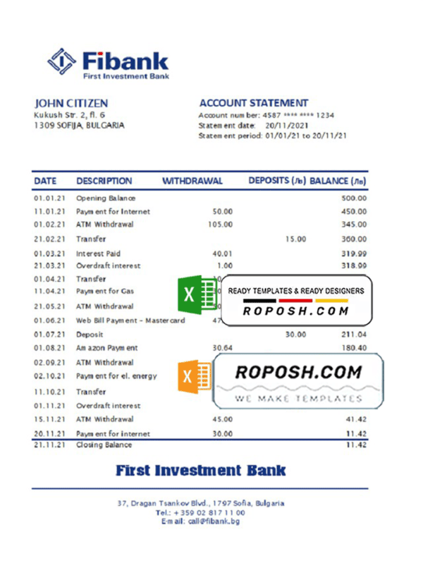 Bulgaria Fibank bank statement easy to fill template in Excel and PDF format (AutoSum)