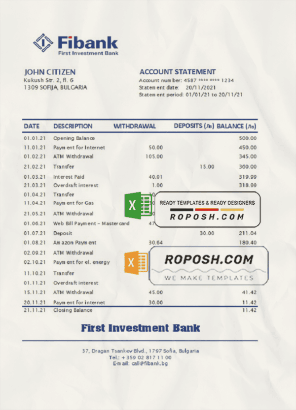 Bulgaria Fibank bank statement easy to fill template in Excel and PDF format (AutoSum)