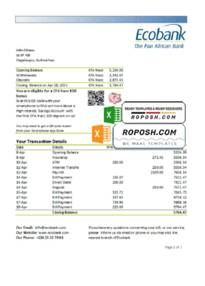 Burkina Faso Ecobank bank statement easy to fill template in Excel and PDF format