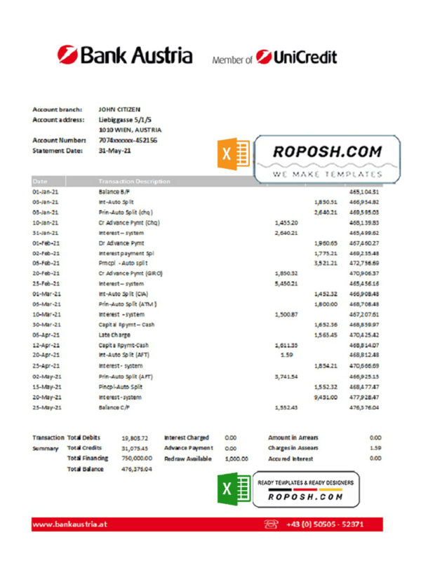 Austria Bank Austria bank statement easy to fill template in Excel and PDF format