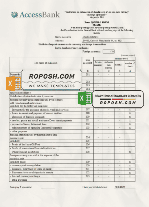 Azerbaijan Access Bank (English language) statement template in Excel and PDF format