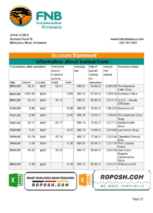 Botswana FNB of Botswana bank statement template in .xls and .pdf file format, fully editable