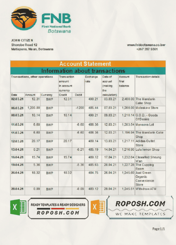 Botswana FNB of Botswana bank statement template in .xls and .pdf file format, fully editable