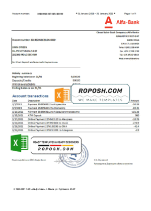 Belarus Alfa bank statement template in Excel and PDF format