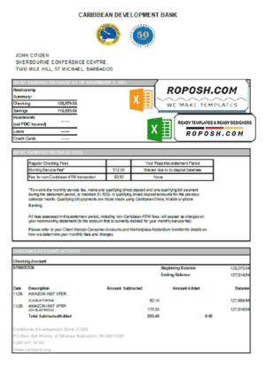 Barbados Caribbean Development bank statement easy to fill template in .xls and .pdf file format