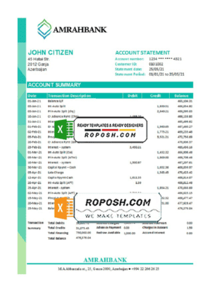 Azerbaijan Amrahbank bank statement easy to fill template in Excel and PDF format