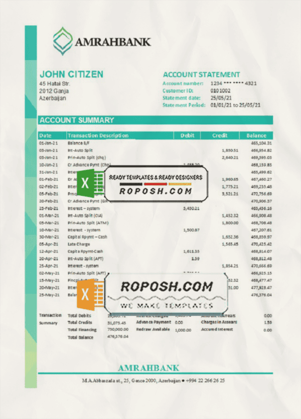 Azerbaijan Amrahbank bank statement easy to fill template in Excel and PDF format