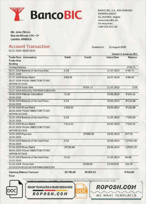 Angola Banco BIC proof of address bank statement template in Word and PDF format