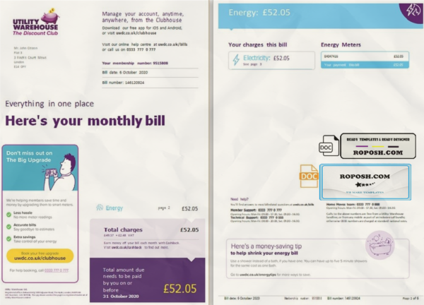 United Kingdom Utility Warehouse electricity utility bill template in Word and PDF format (6 pages) scan effect