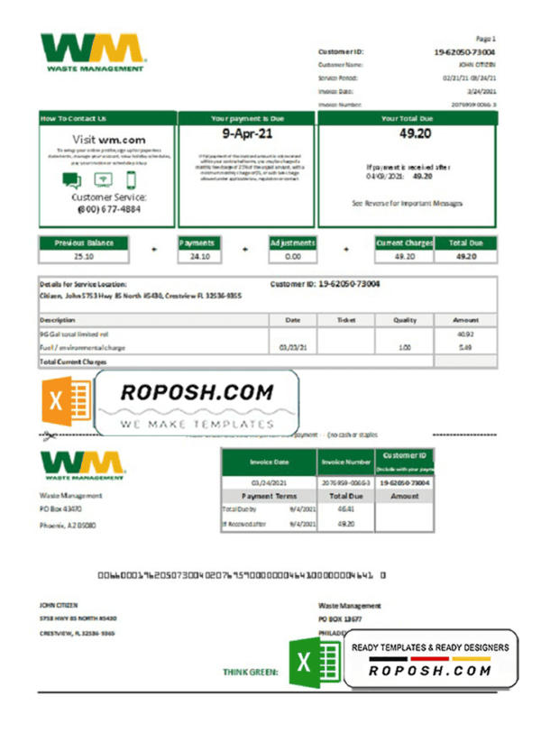 USA Waste Management bank statement template in Excel and PDF format