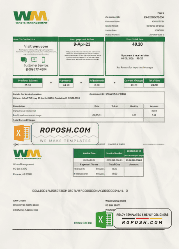 USA Waste Management bank statement template in Excel and PDF format