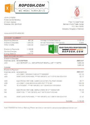 Bahrain Al Salam bank statement easy to fill template in Excel and PDF format