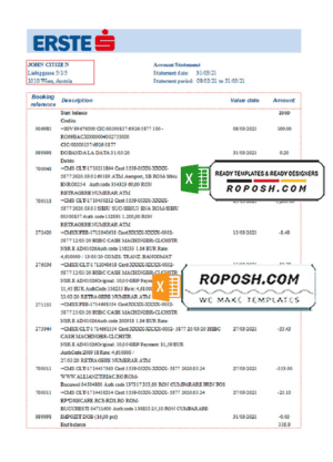 Austria Erste Group bank statement easy to fill template in Excel and PDF format