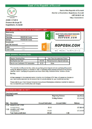 Burundi Bank of the Republic of Burundi bank statement template in Excel and PDF format