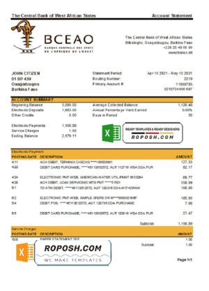 Burkina Faso The Central Bank of West African States bank statement easy to fill template in Excel and PDF format